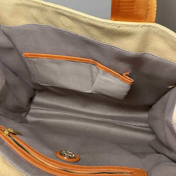 TORY BURCH Tote Bag Orange Leather Canvas Top Handle Limited Edition EUC Rare - Picture 6 of 9